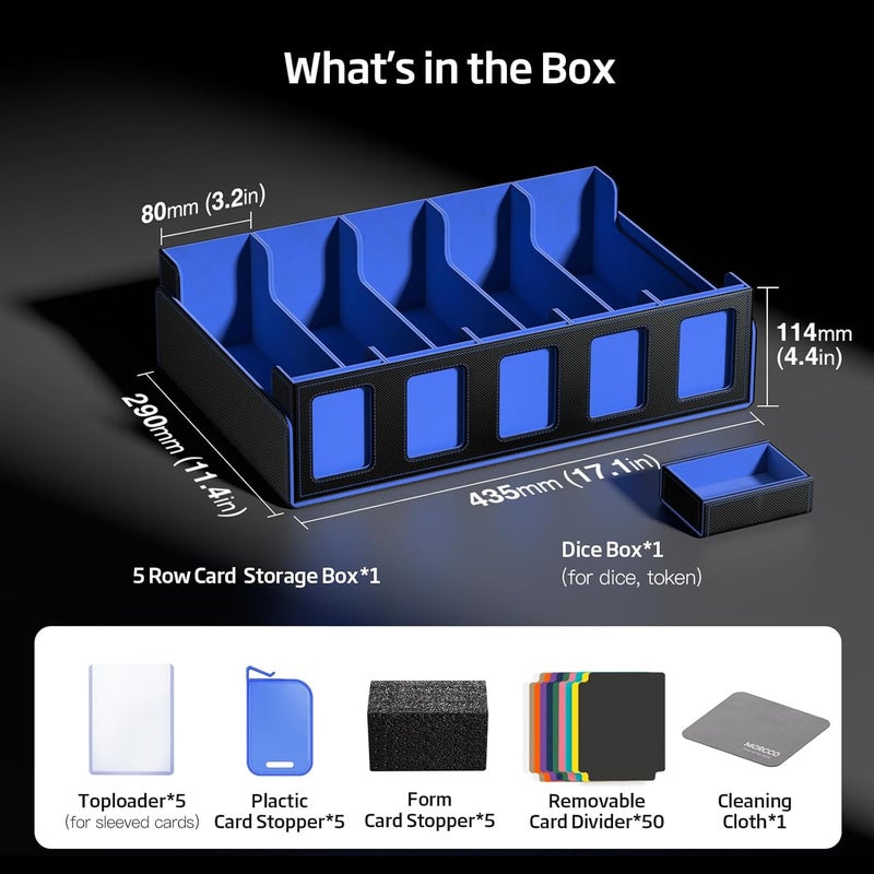 MORCCO Trading Card Storage Box 5-Row 3900+ Capacity,TCG MTG Card Case with Magnetic Lid & Commander Display,Top Loader Storage for Sports Cards,Includes Dividers Dice Box（Black＆Blue） - Image 2